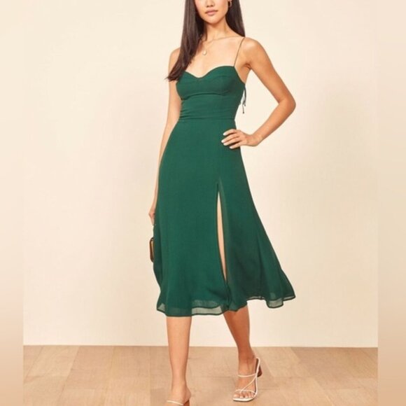 NEW Reformation Juliette Dress Classic Emerald Dark Green Side Slit US 6 UK 10 - Picture 6 of 10